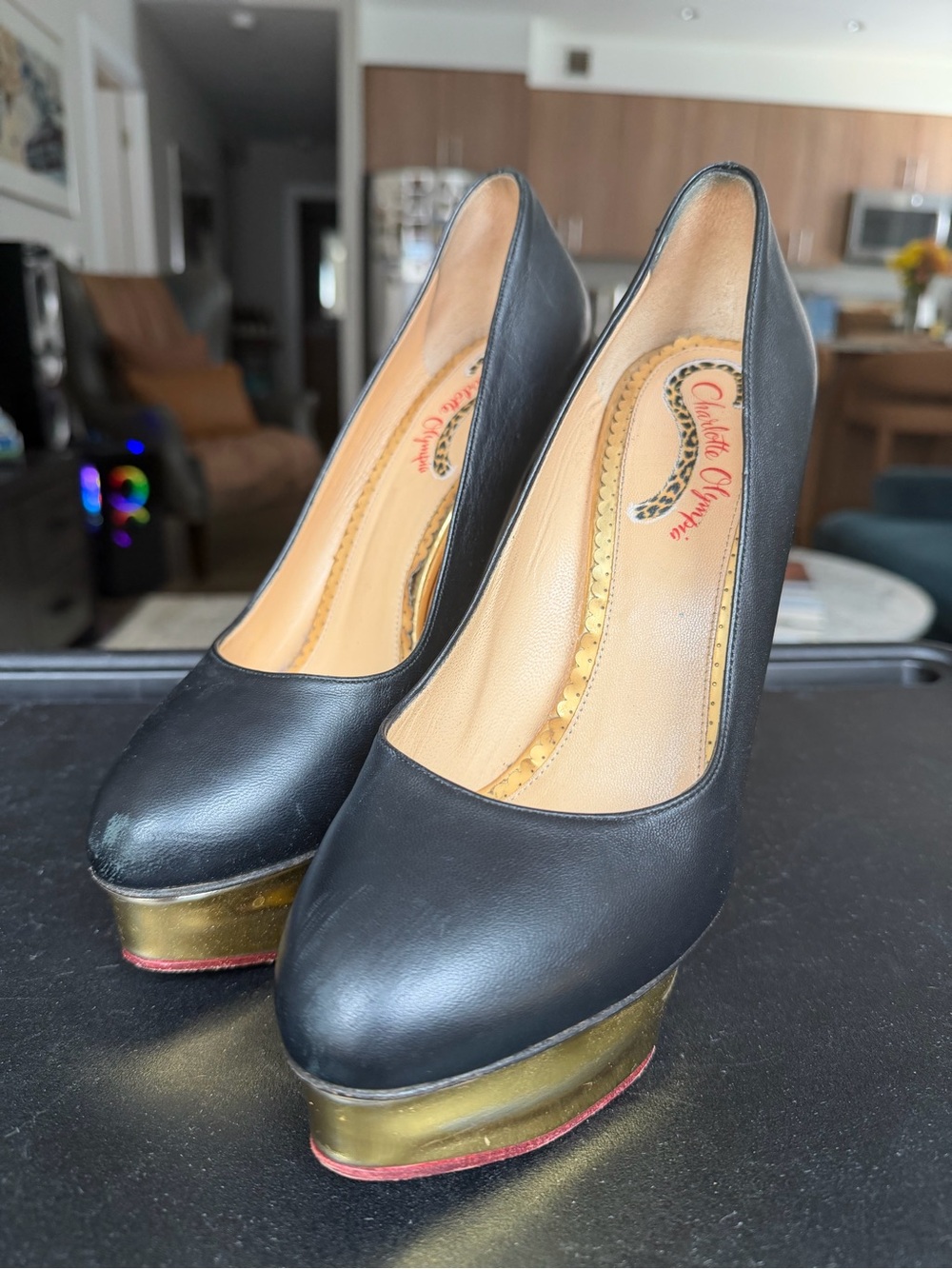 Charlotte Olympia Black Leather Platform Pumps with Gold Platform